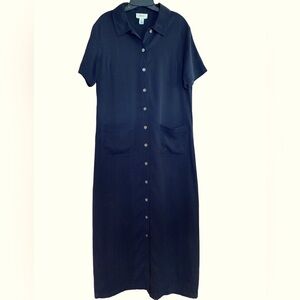 Talbots Full Button Placket Maxi Twill Dress Duster Black Size 14 Short Sleeve